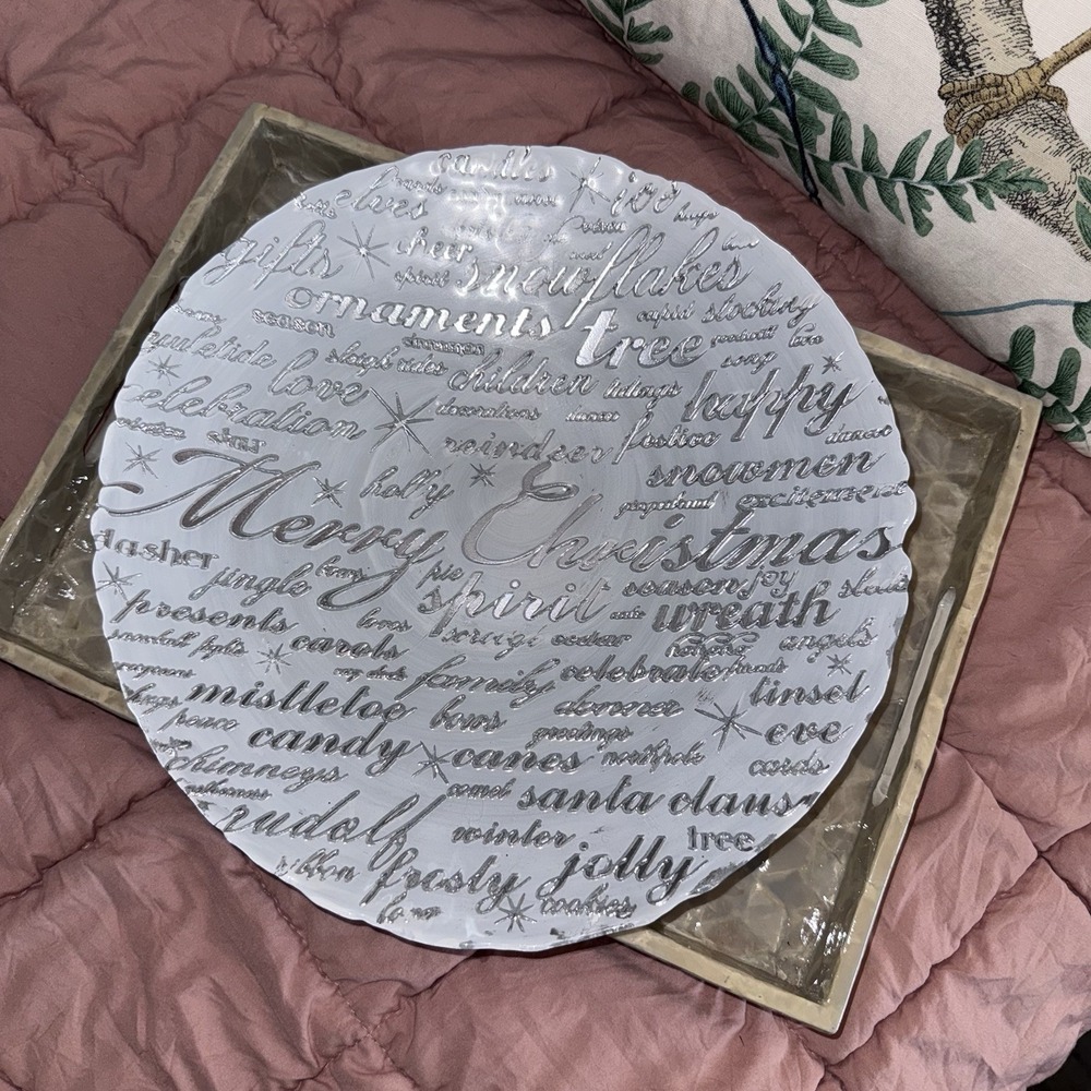 Colorina Handmade Decorative Glass 15" Dish Silver Words Of Christmas Gorgeous